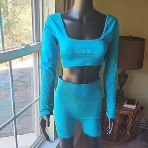 Turquoise Long Sleeve Crop Top and Shorts Set